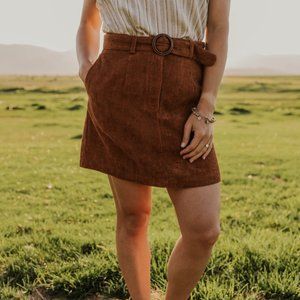 Belted Corduroy Short A-line Skirt - Small
